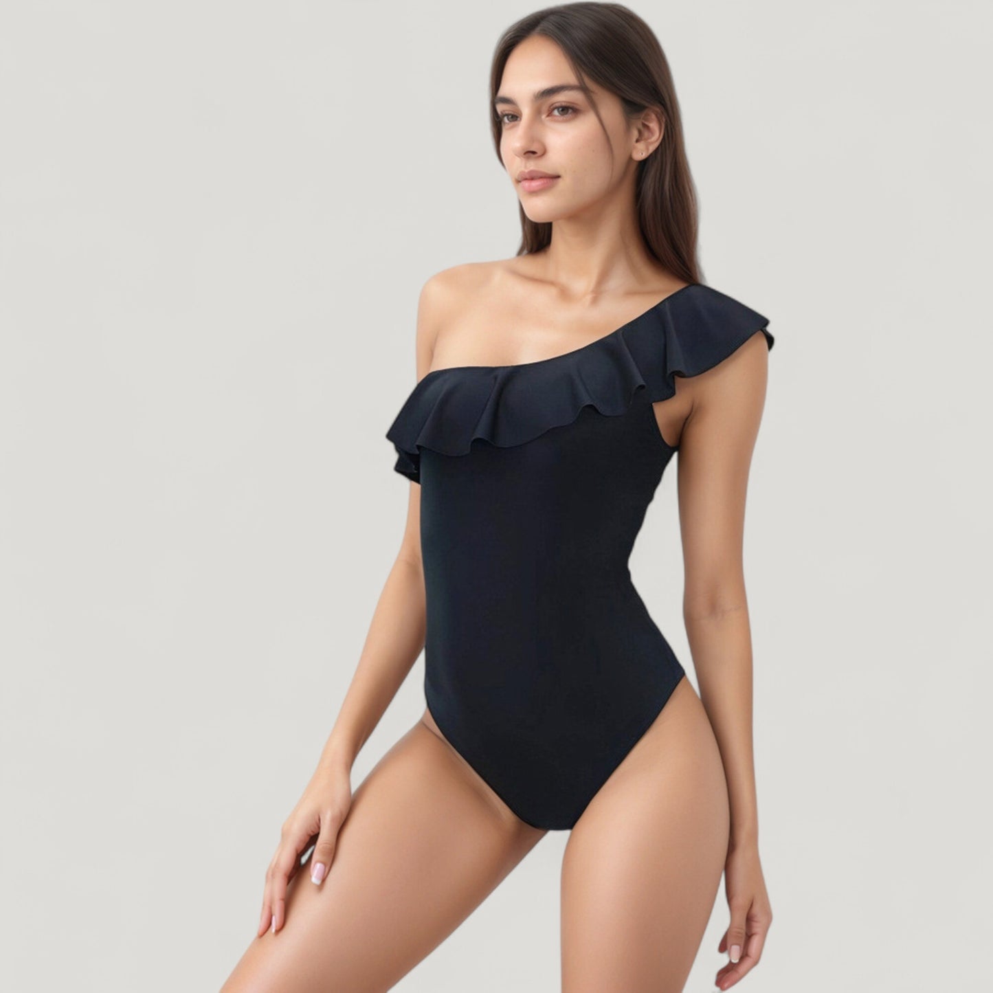 Anna-Kaci Swim Women's One-Piece Swimsuit with One Shoulder Design Soft Ruffle Trim and Flattering Contour Fit