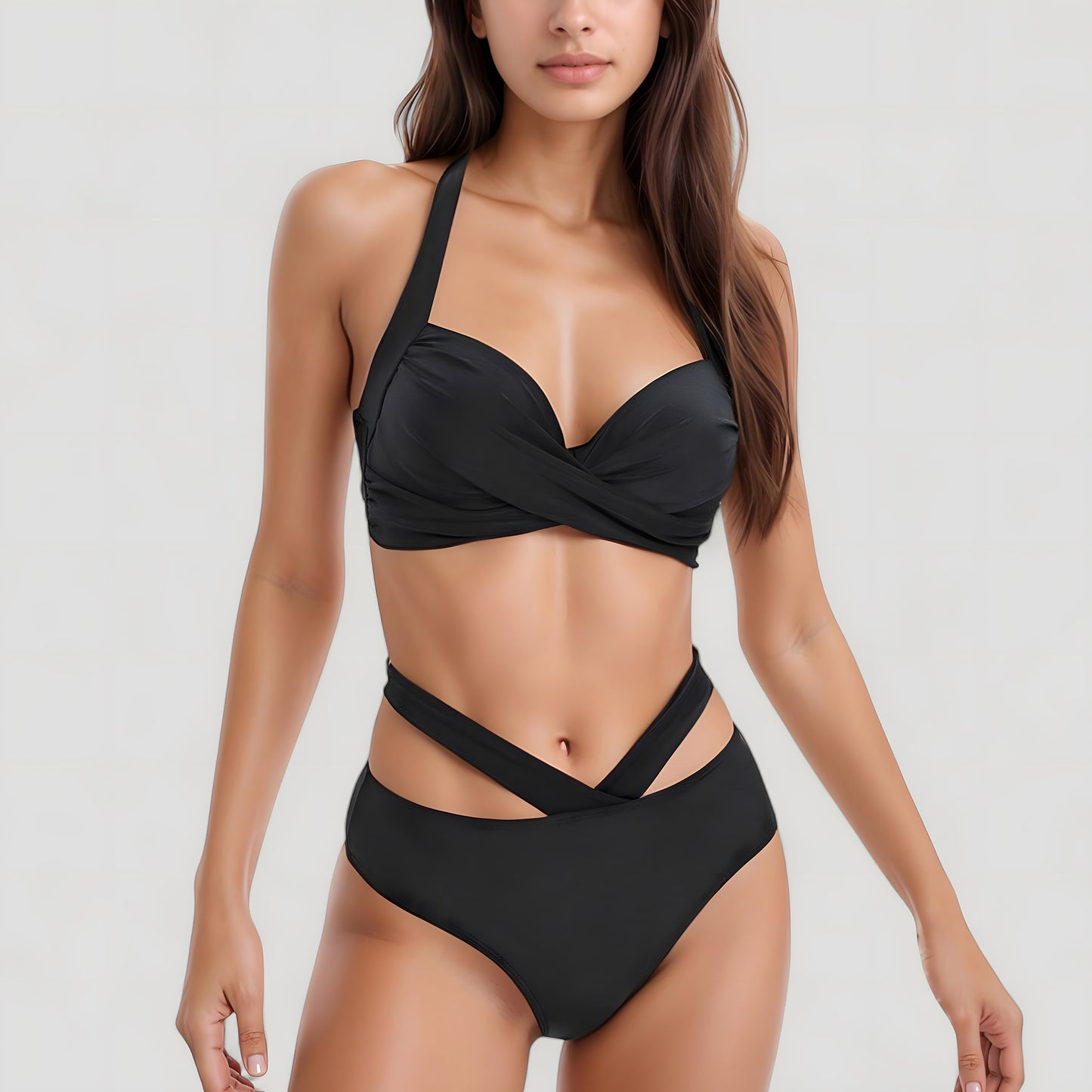 Anna-Kaci Swim Women's Two-Piece Swimsuit with Wrapped Bust Top Crisscross Waistband High Rise Bottom and Supportive Fit