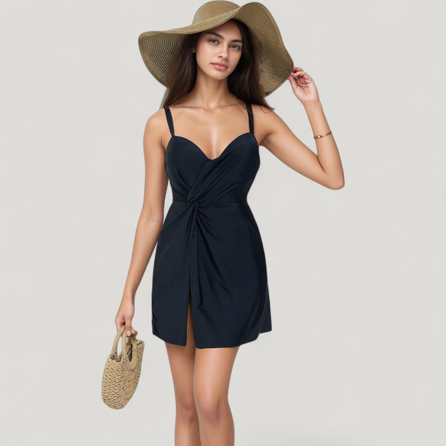 Anna-Kaci Swim Women's One Piece Swim Dress with Ruched Front Twist Detail and Adjustable Straps