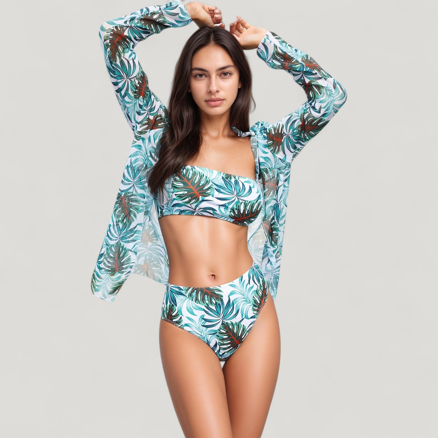 Anna-Kaci Swim Women's Three-Piece Swimsuit Set with Strapless Bandeau Top High Waist Bottoms and Sheer Long Sleeve Cover Up