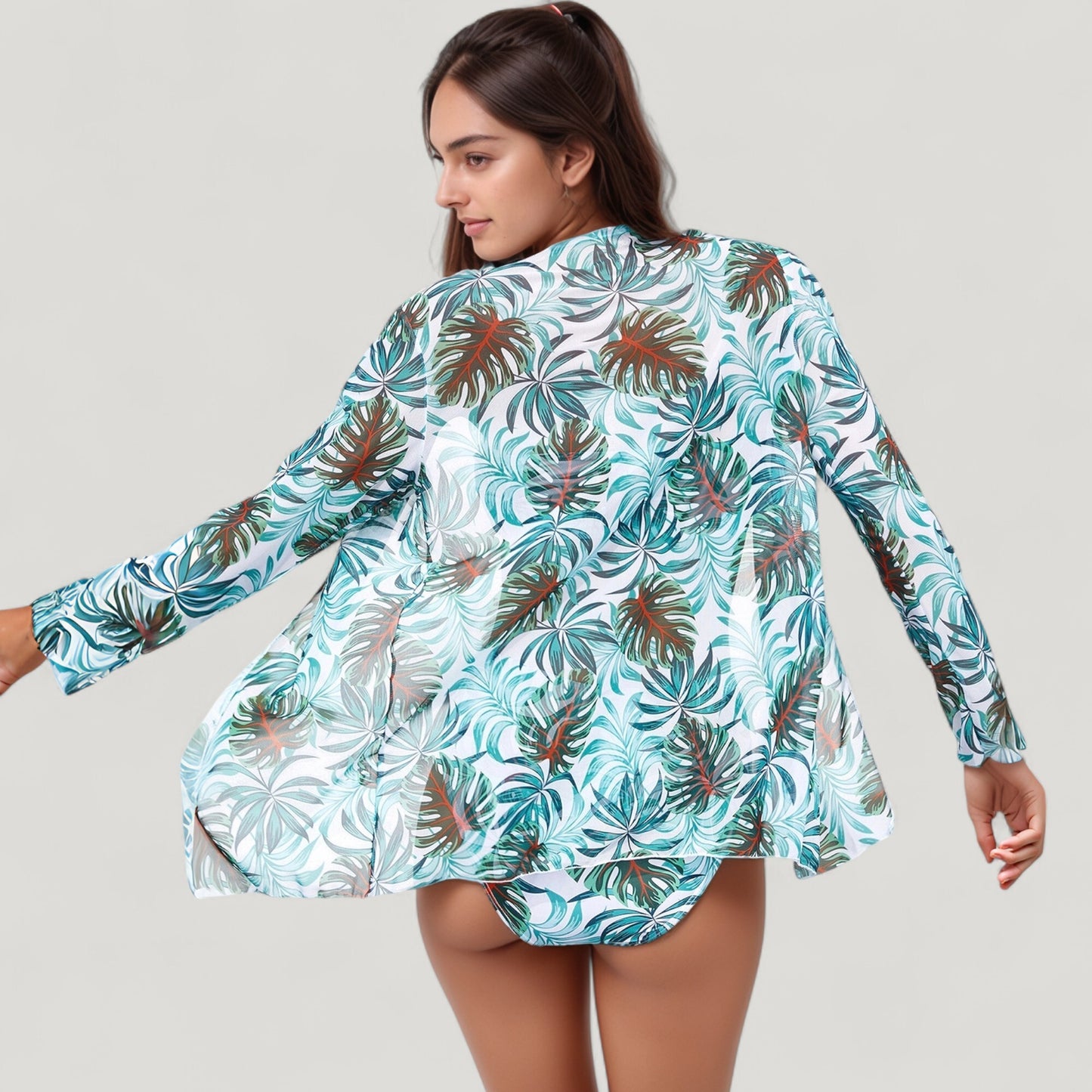 Anna-Kaci Swim Women's Three-Piece Swimsuit Set with Strapless Bandeau Top High Waist Bottoms and Sheer Long Sleeve Cover Up