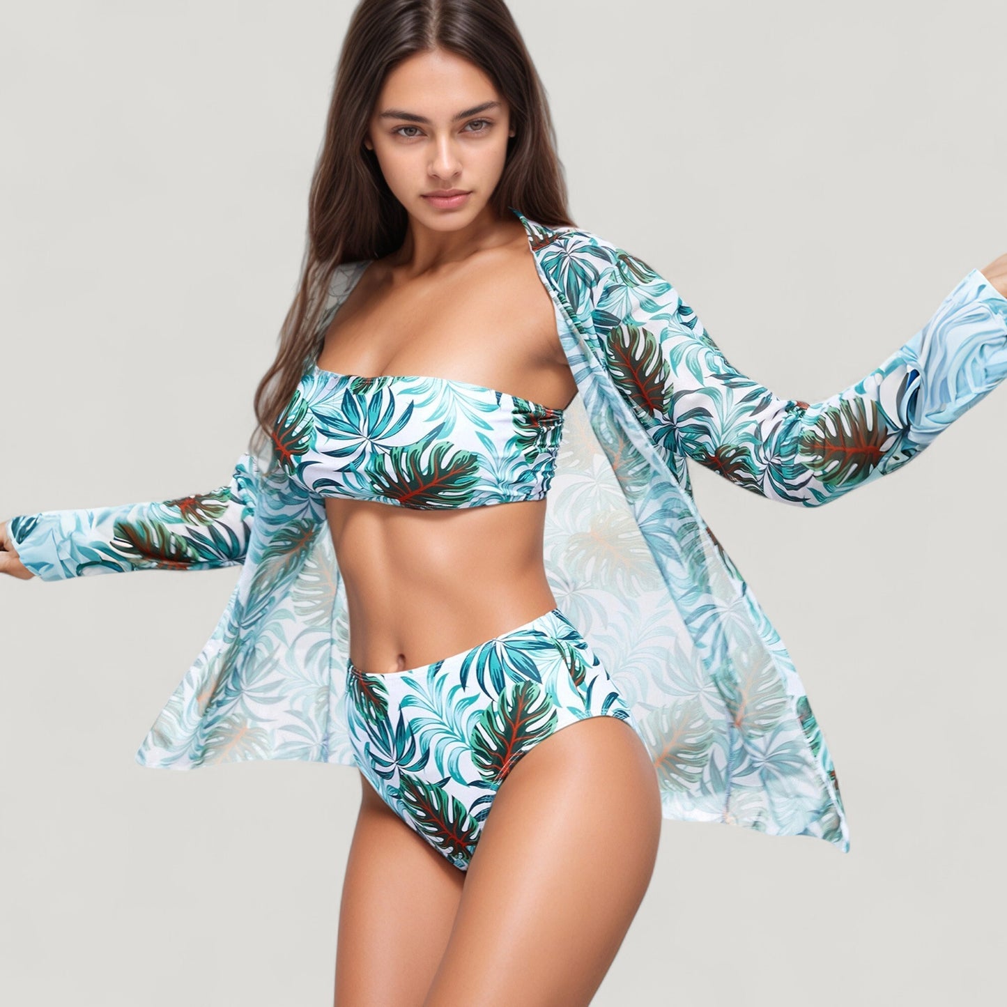 Anna-Kaci Swim Women's Three-Piece Swimsuit Set with Strapless Bandeau Top High Waist Bottoms and Sheer Long Sleeve Cover Up