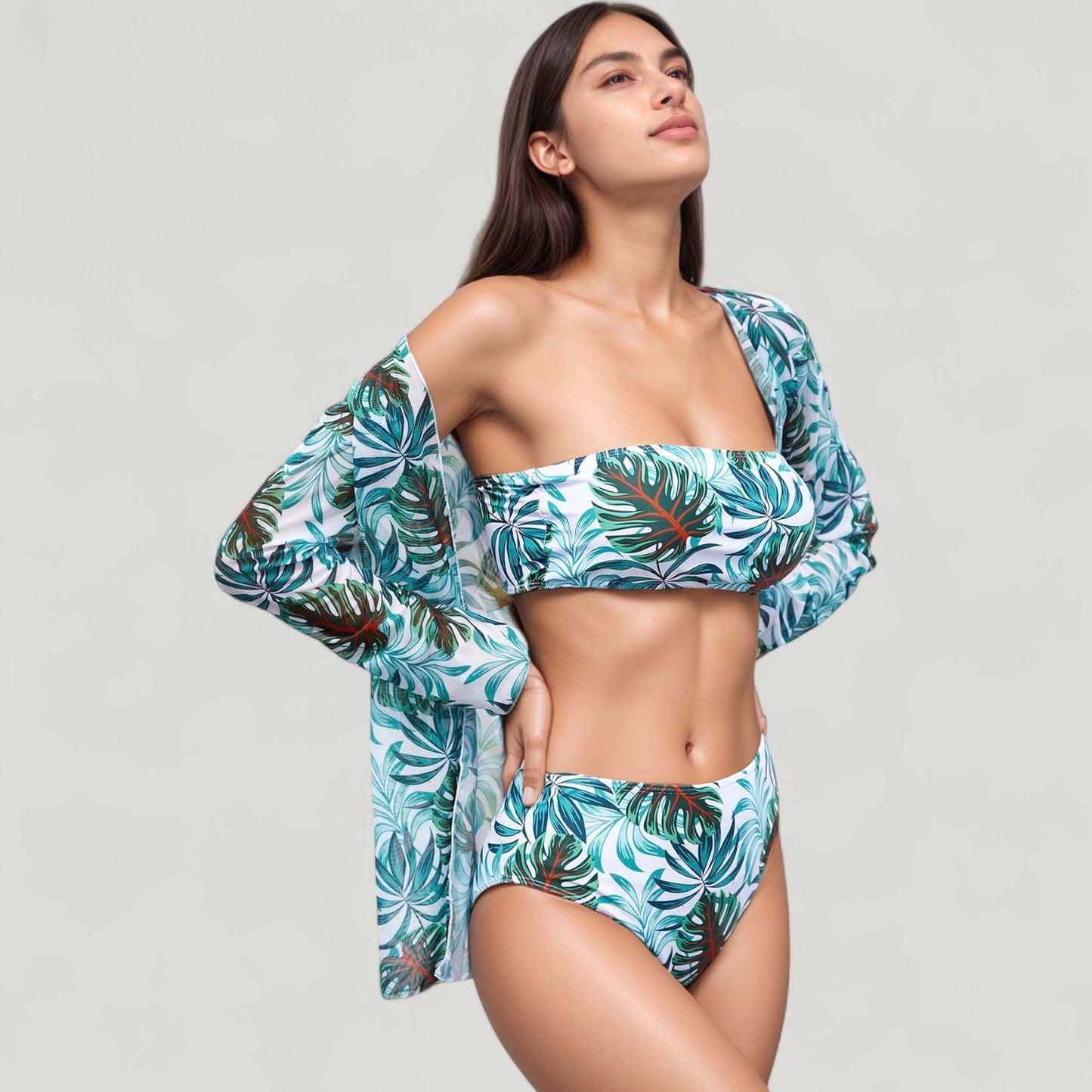 Anna-Kaci Swim Women's Three-Piece Swimsuit Set with Strapless Bandeau Top High Waist Bottoms and Sheer Long Sleeve Cover Up