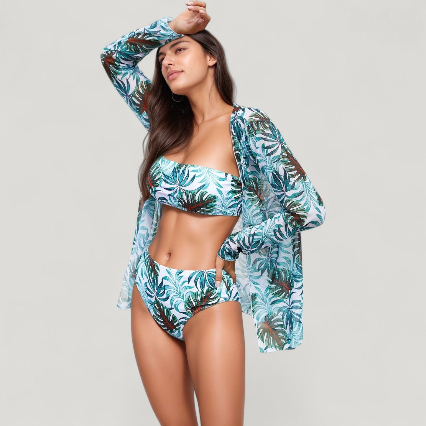 Anna-Kaci Swim Women's Three-Piece Swimsuit Set with Strapless Bandeau Top High Waist Bottoms and Sheer Long Sleeve Cover Up