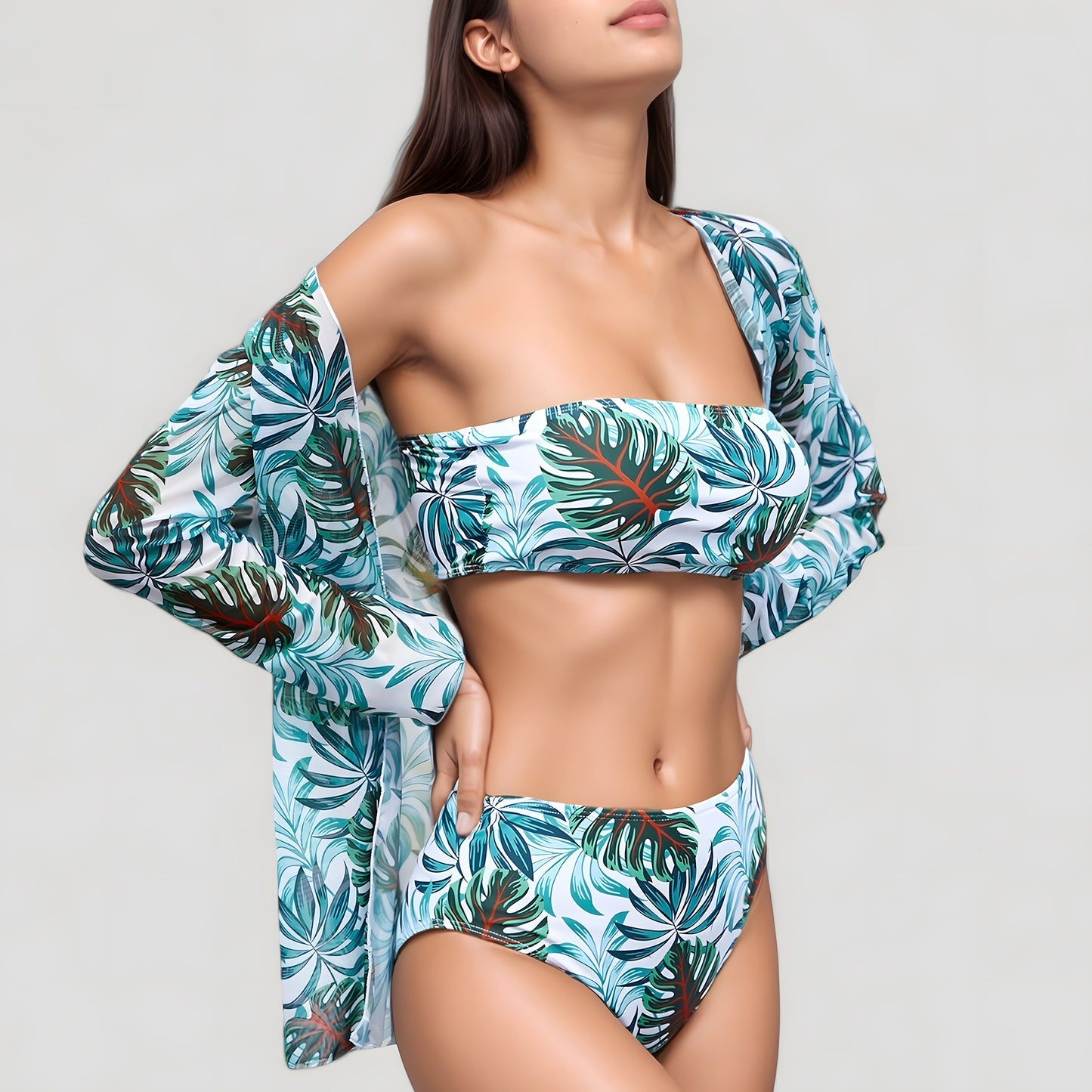 Anna-Kaci Swim Women's Three-Piece Swimsuit Set with Strapless Bandeau Top High Waist Bottoms and Sheer Long Sleeve Cover Up