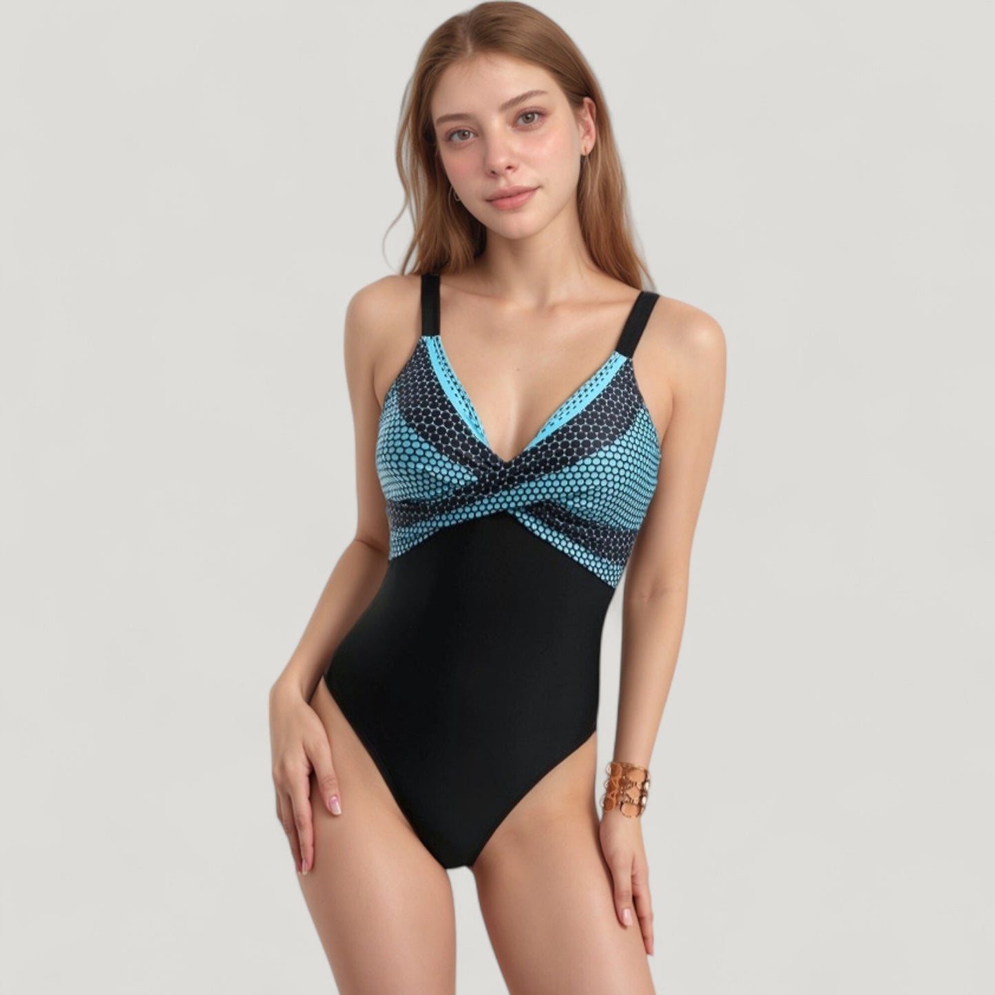 Anna-Kaci Swim Women's One-Piece Swimsuit with V-Neckline Cross Front Detail and Geometric Printed Bust Design