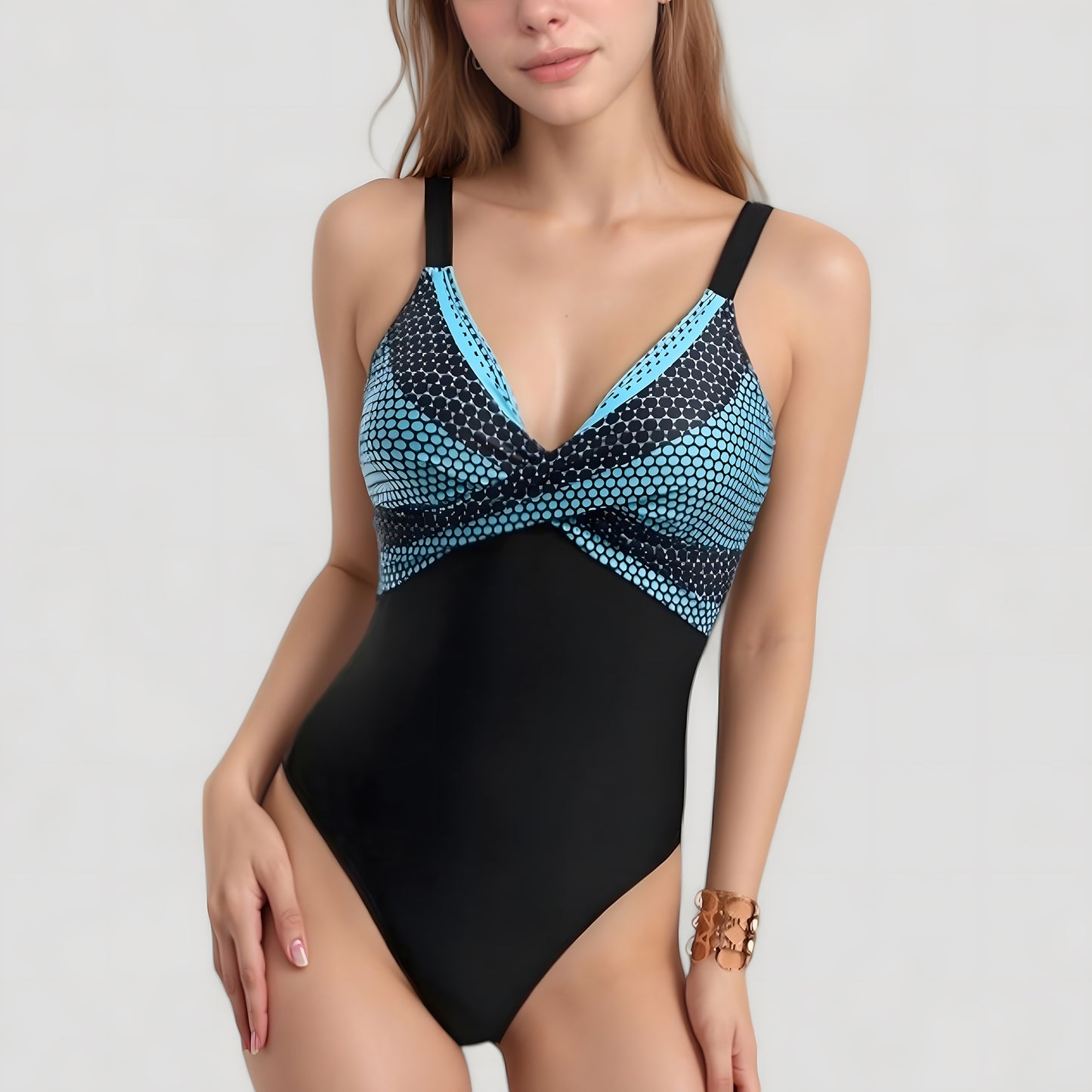 Anna-Kaci Swim Women's One-Piece Swimsuit with V-Neckline Cross Front Detail and Geometric Printed Bust Design