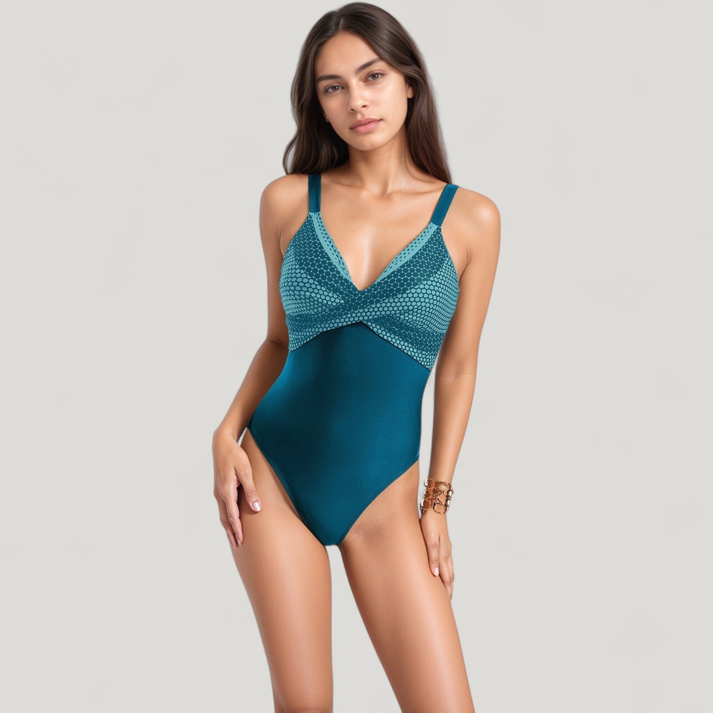 Anna-Kaci Swim Women's One-Piece Swimsuit with V-Neckline Cross Front Detail and Geometric Printed Bust Design