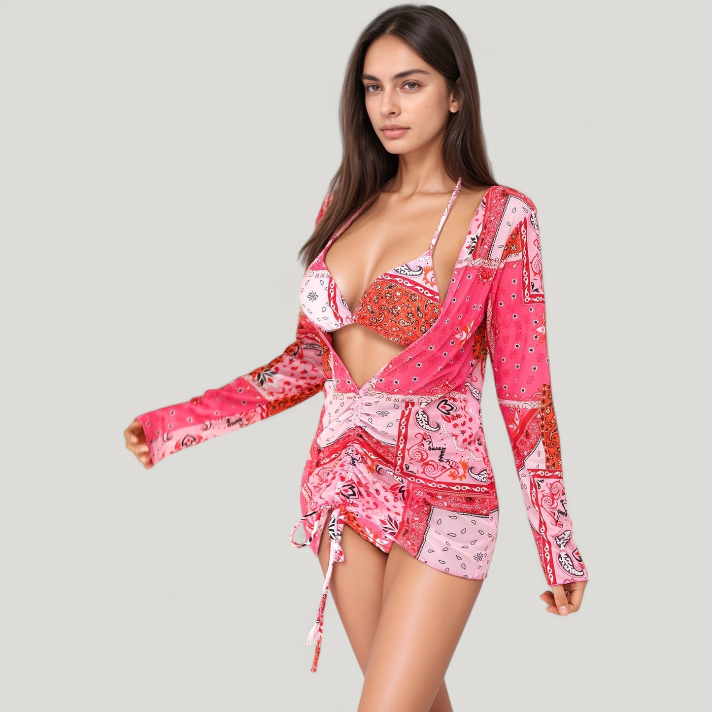 Anna-Kaci Swim Women's 3 Piece Bikini Swimsuit Set with Patchwork Print Triangle Top High Waist Bottom and Ruched Long Sleeve Cover-Up