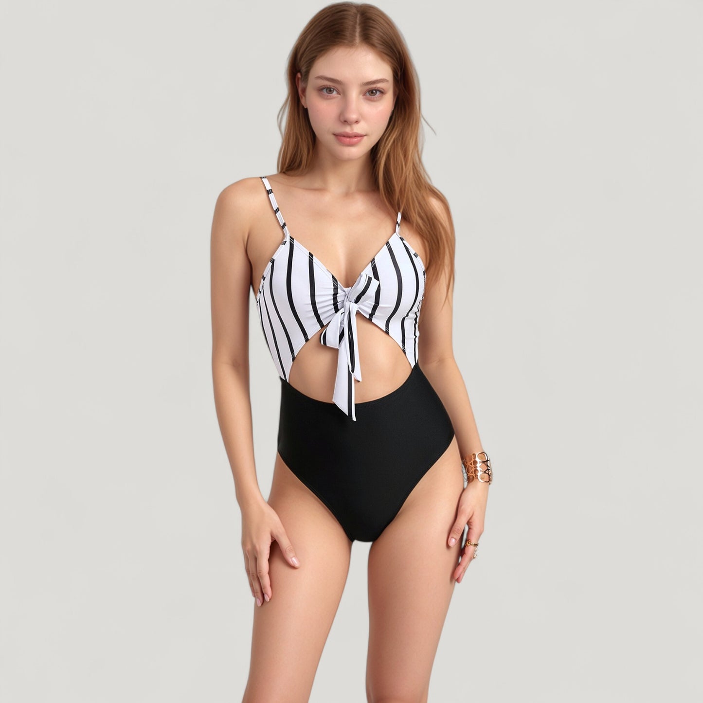 Anna-Kaci Swim Women's Striped One Piece Swimsuit with Adjustable Straps Tie Front Detail and Cutout Waist Design