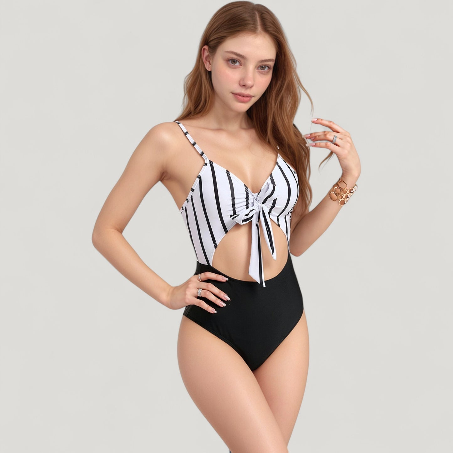 Anna-Kaci Swim Women's Striped One Piece Swimsuit with Adjustable Straps Tie Front Detail and Cutout Waist Design