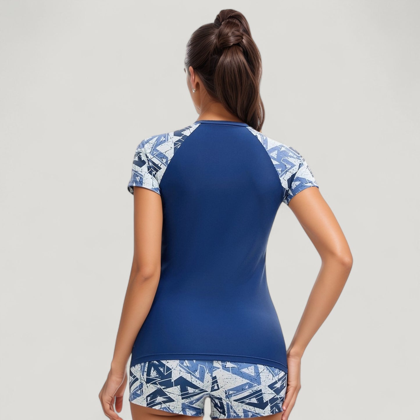 Anna-Kaci Swim Women's Short Sleeve Rash Guard Swimsuit Set with Printed Sleeves and Matching Swim Shorts