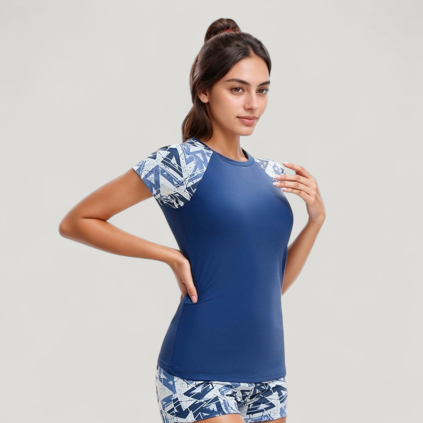 Anna-Kaci Swim Women's Short Sleeve Rash Guard Swimsuit Set with Printed Sleeves and Matching Swim Shorts