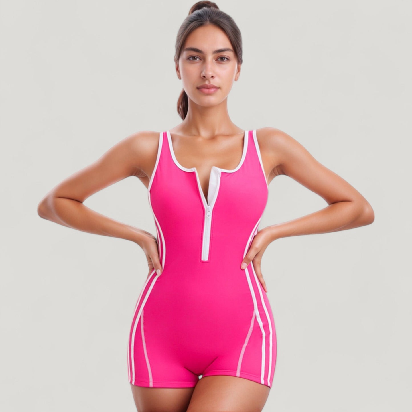 Anna-Kaci Swim Women's One-Piece Zip-Front Swimsuit with Contrast Trim and Boyshort Bottom