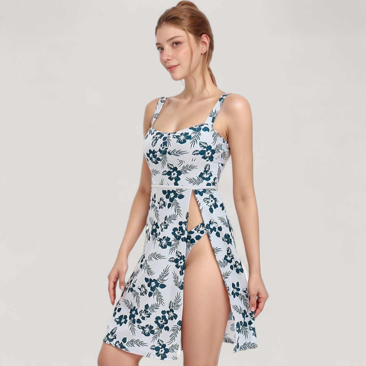 Anna-Kaci Swim Women's Three Piece Floral Swimsuit Set with Sleeveless Dress Overlay and Matching Bikini