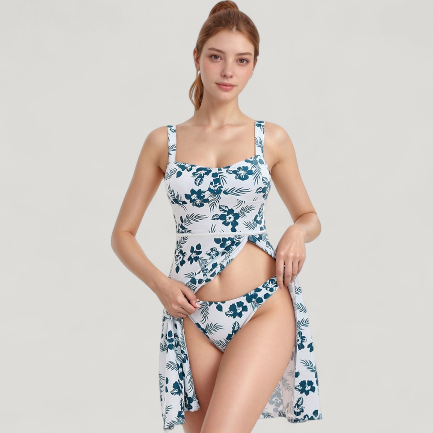 Anna-Kaci Swim Women's Three Piece Floral Swimsuit Set with Sleeveless Dress Overlay and Matching Bikini