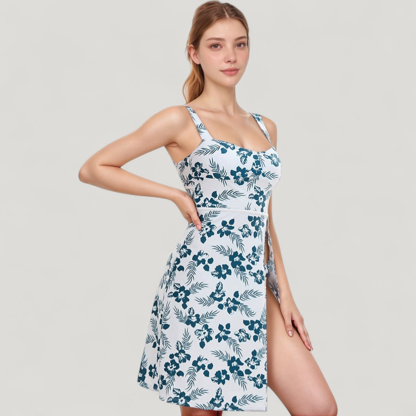 Anna-Kaci Swim Women's Three Piece Floral Swimsuit Set with Sleeveless Dress Overlay and Matching Bikini