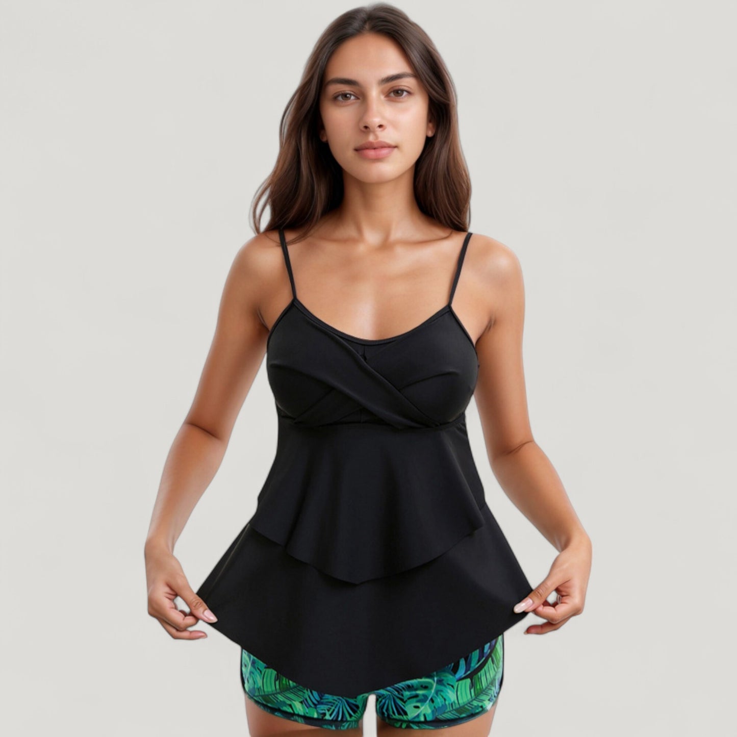 Anna-Kaci Swim Women's Tankini Swimsuit with Spaghetti Strap Top and Leaf Print Swim Shorts Set