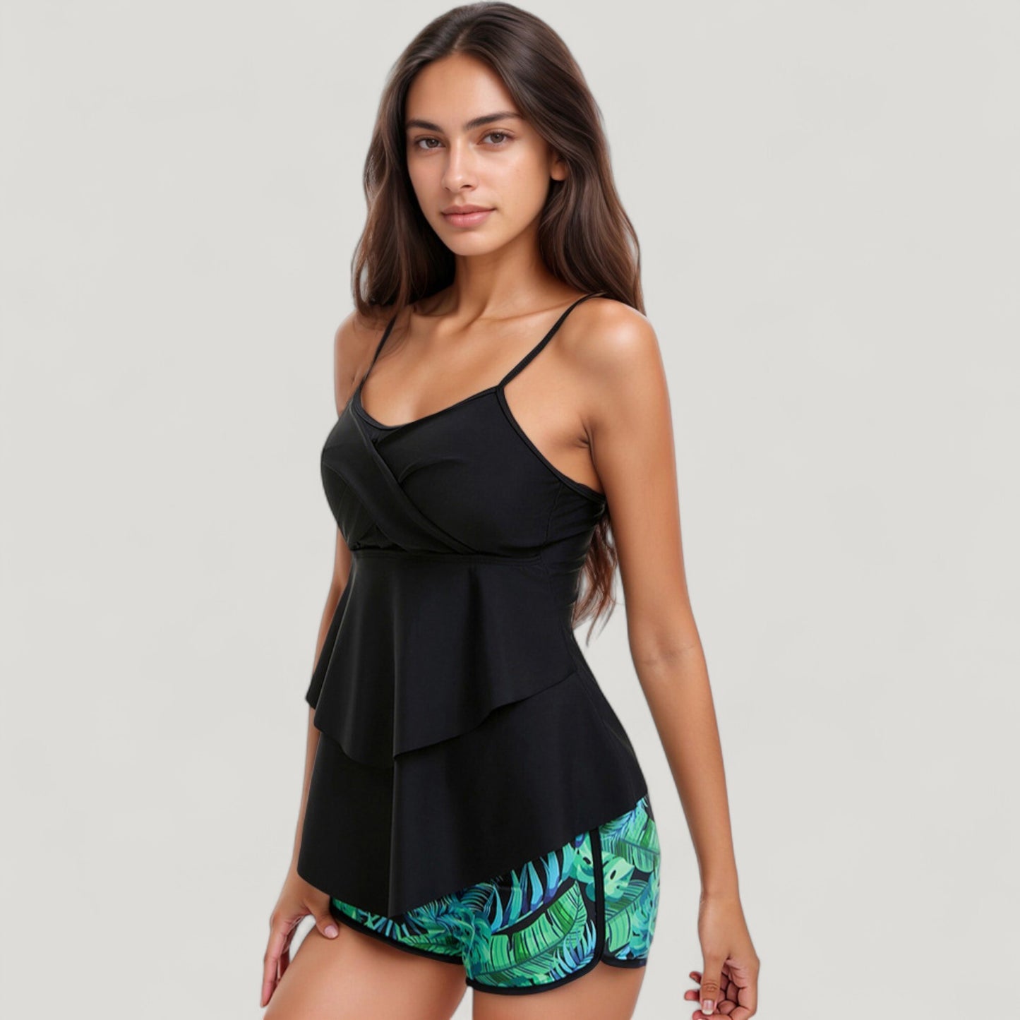 Anna-Kaci Swim Women's Tankini Swimsuit with Spaghetti Strap Top and Leaf Print Swim Shorts Set