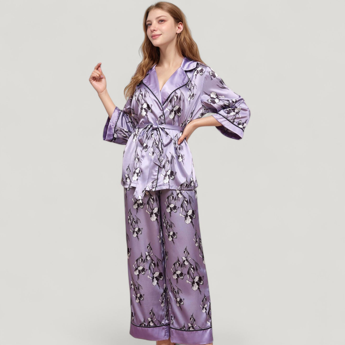 Anna-Kaci Lounge Women's Floral Satin Pajama Set with Long Sleeve Robe Top and Matching Wide Leg Pants