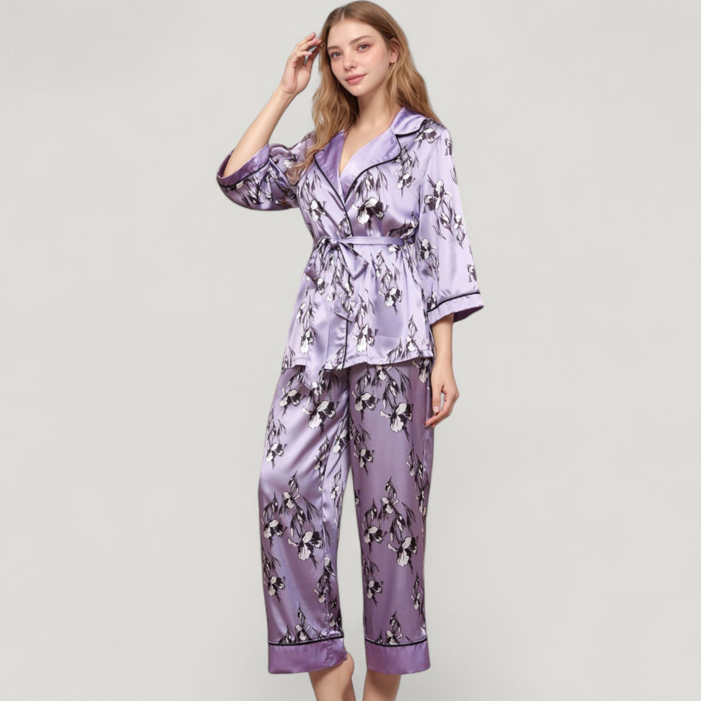 Anna-Kaci Lounge Women's Floral Satin Pajama Set with Long Sleeve Robe Top and Matching Wide Leg Pants