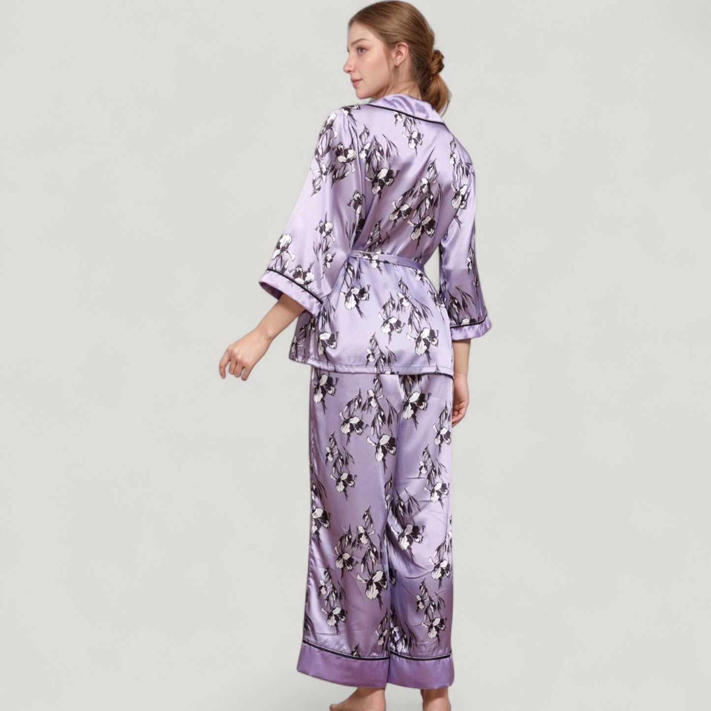 Anna-Kaci Lounge Women's Floral Satin Pajama Set with Long Sleeve Robe Top and Matching Wide Leg Pants