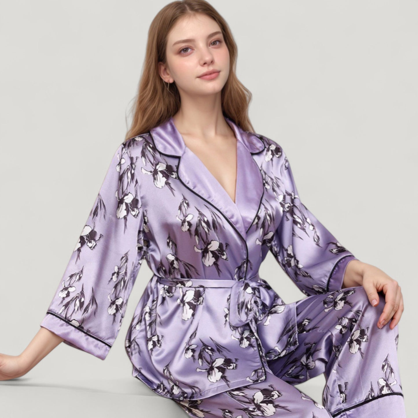 Anna-Kaci Lounge Women's Floral Satin Pajama Set with Long Sleeve Robe Top and Matching Wide Leg Pants