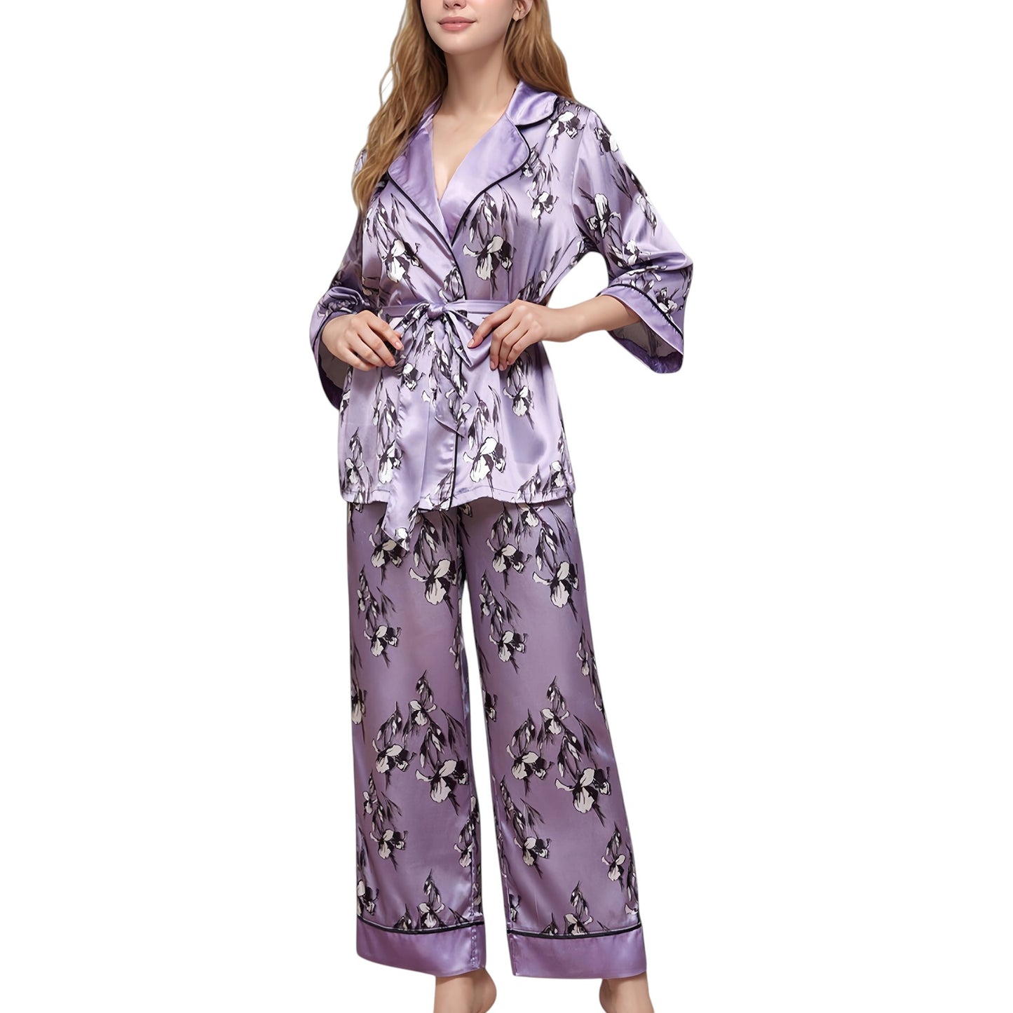 Anna-Kaci Lounge Women's Floral Satin Pajama Set with Long Sleeve Robe Top and Matching Wide Leg Pants