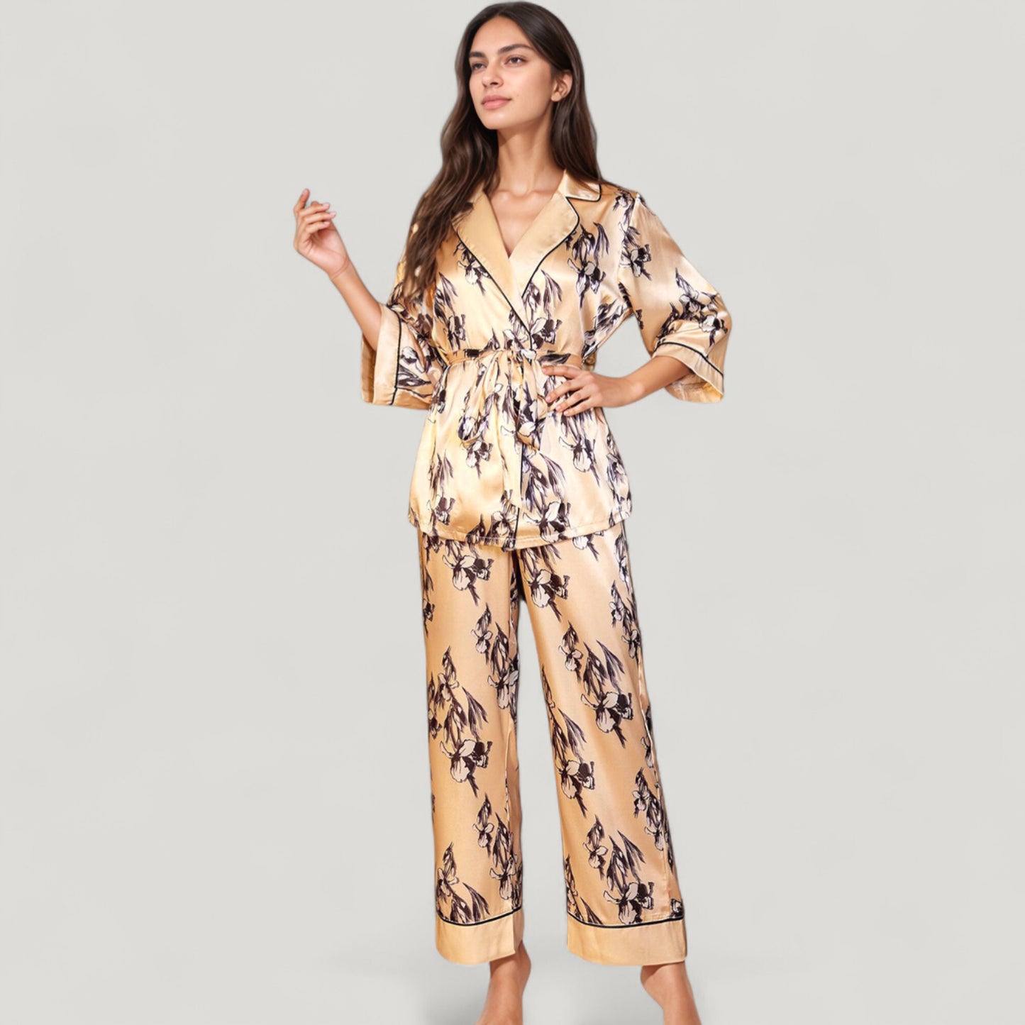 Anna-Kaci Lounge Women's Floral Satin Pajama Set with Long Sleeve Robe Top and Matching Wide Leg Pants