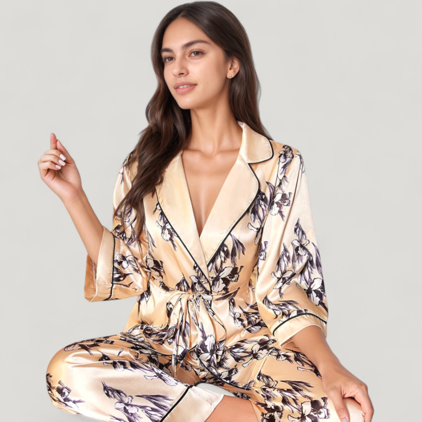 Anna-Kaci Lounge Women's Floral Satin Pajama Set with Long Sleeve Robe Top and Matching Wide Leg Pants