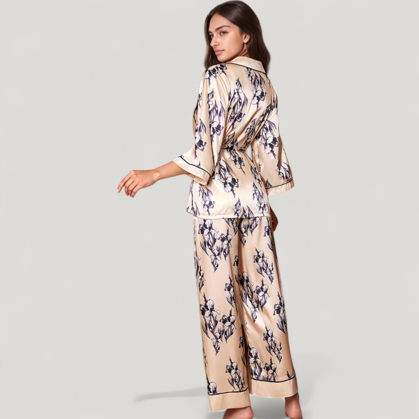 Anna-Kaci Lounge Women's Floral Satin Pajama Set with Long Sleeve Robe Top and Matching Wide Leg Pants