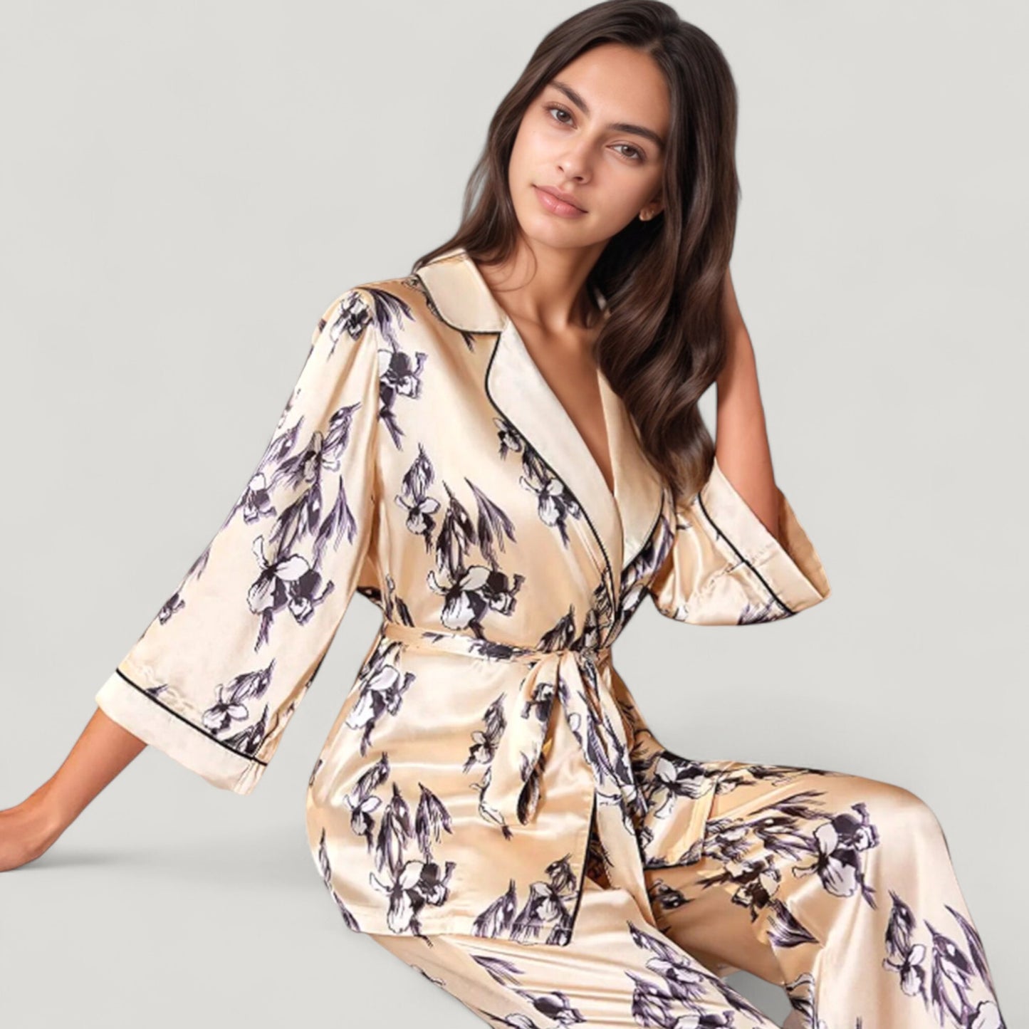 Anna-Kaci Lounge Women's Floral Satin Pajama Set with Long Sleeve Robe Top and Matching Wide Leg Pants