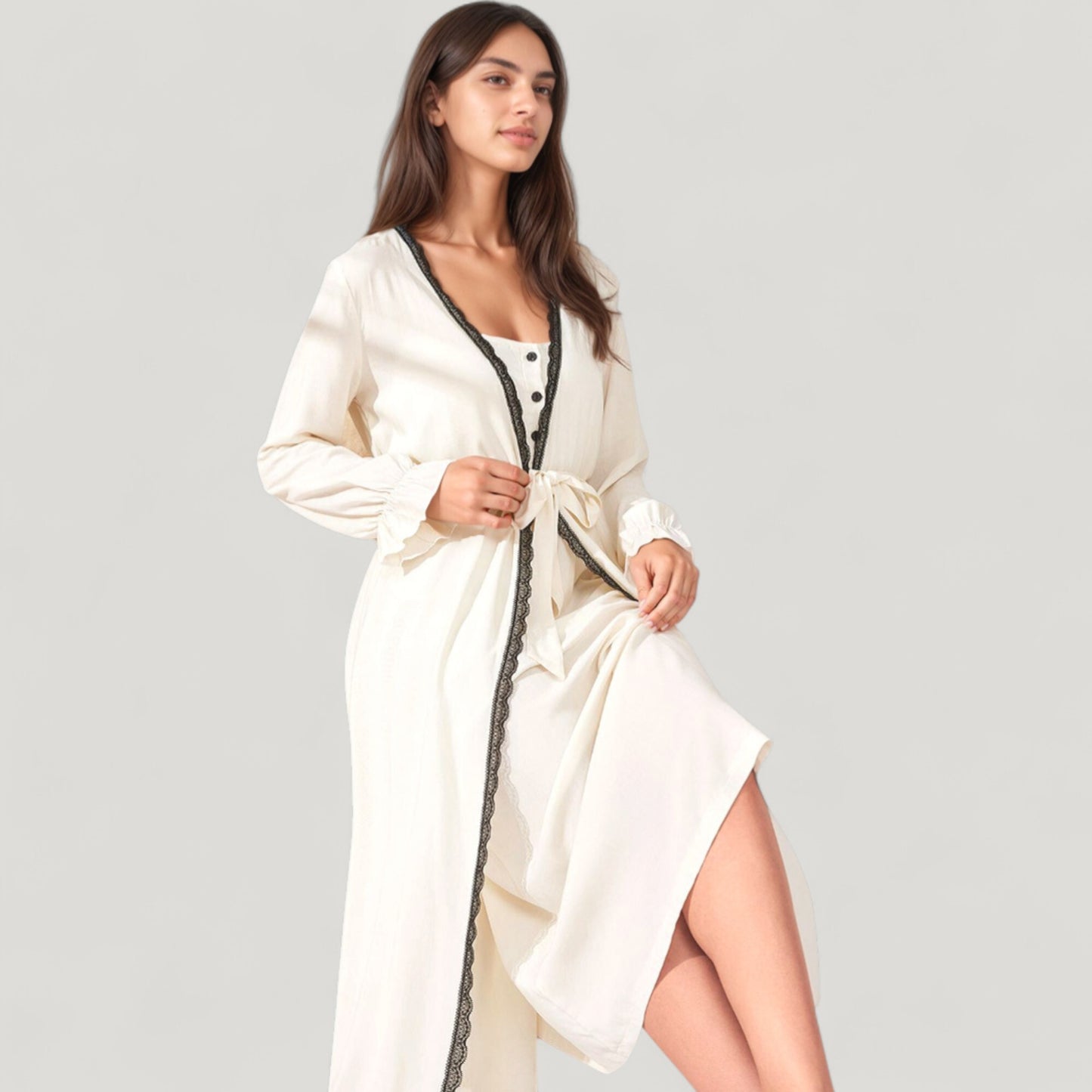 Anna-Kaci Lounge Women's Two-Piece Lounge Nightdress Set with Scoop Neck Button Front and Longline Open Robe