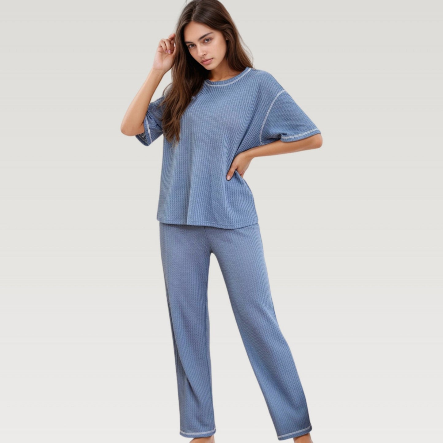 Anna-Kaci Lounge Women's Waffle Knit Pajama Set with Short Sleeve Top and Relaxed Fit Wide Leg Pants