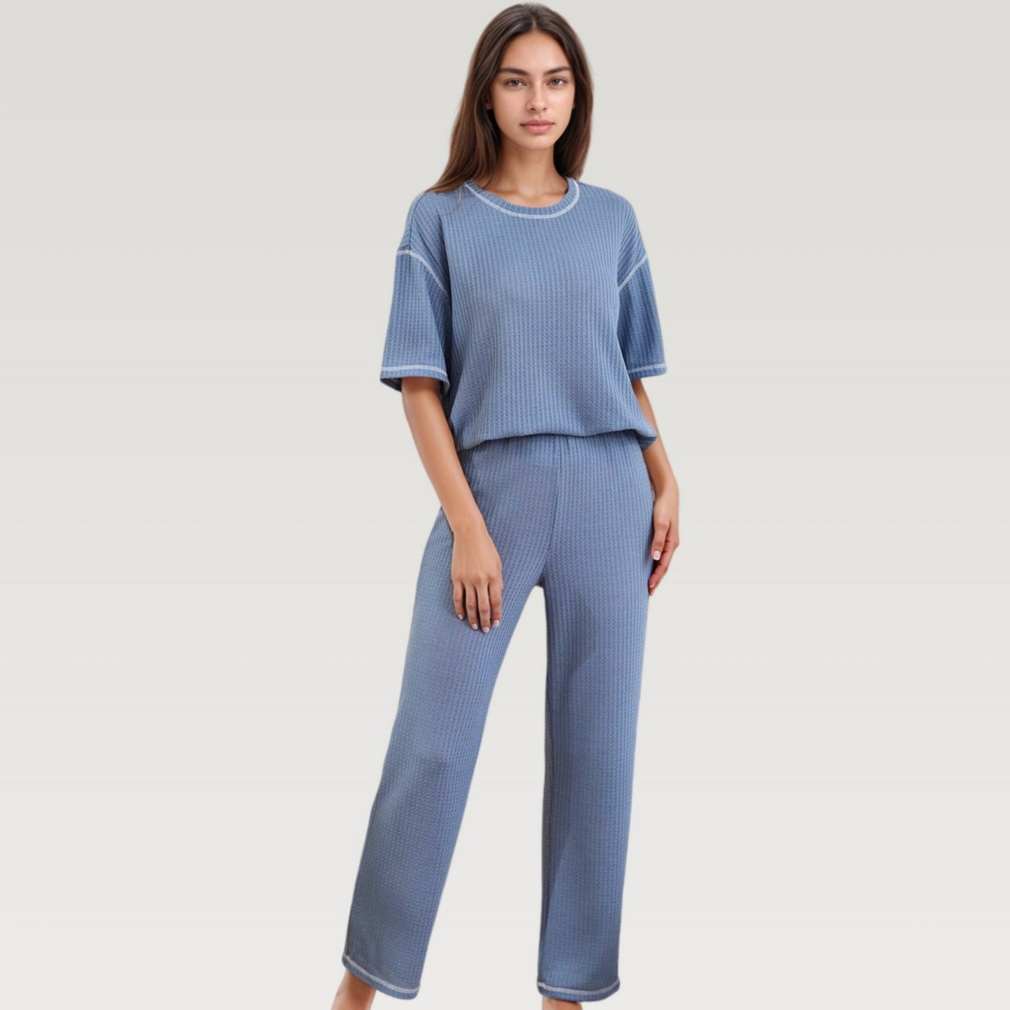 Anna-Kaci Lounge Women's Waffle Knit Pajama Set with Short Sleeve Top and Relaxed Fit Wide Leg Pants