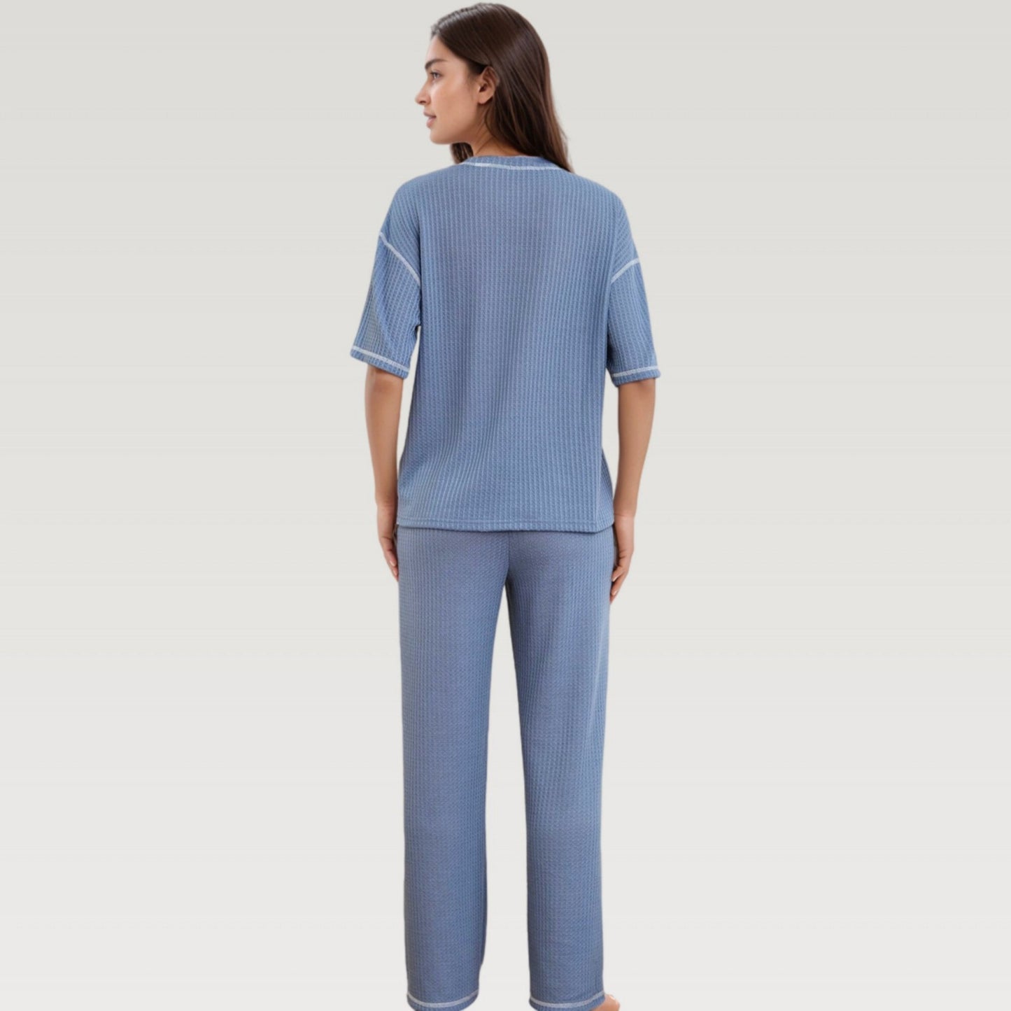Anna-Kaci Lounge Women's Waffle Knit Pajama Set with Short Sleeve Top and Relaxed Fit Wide Leg Pants