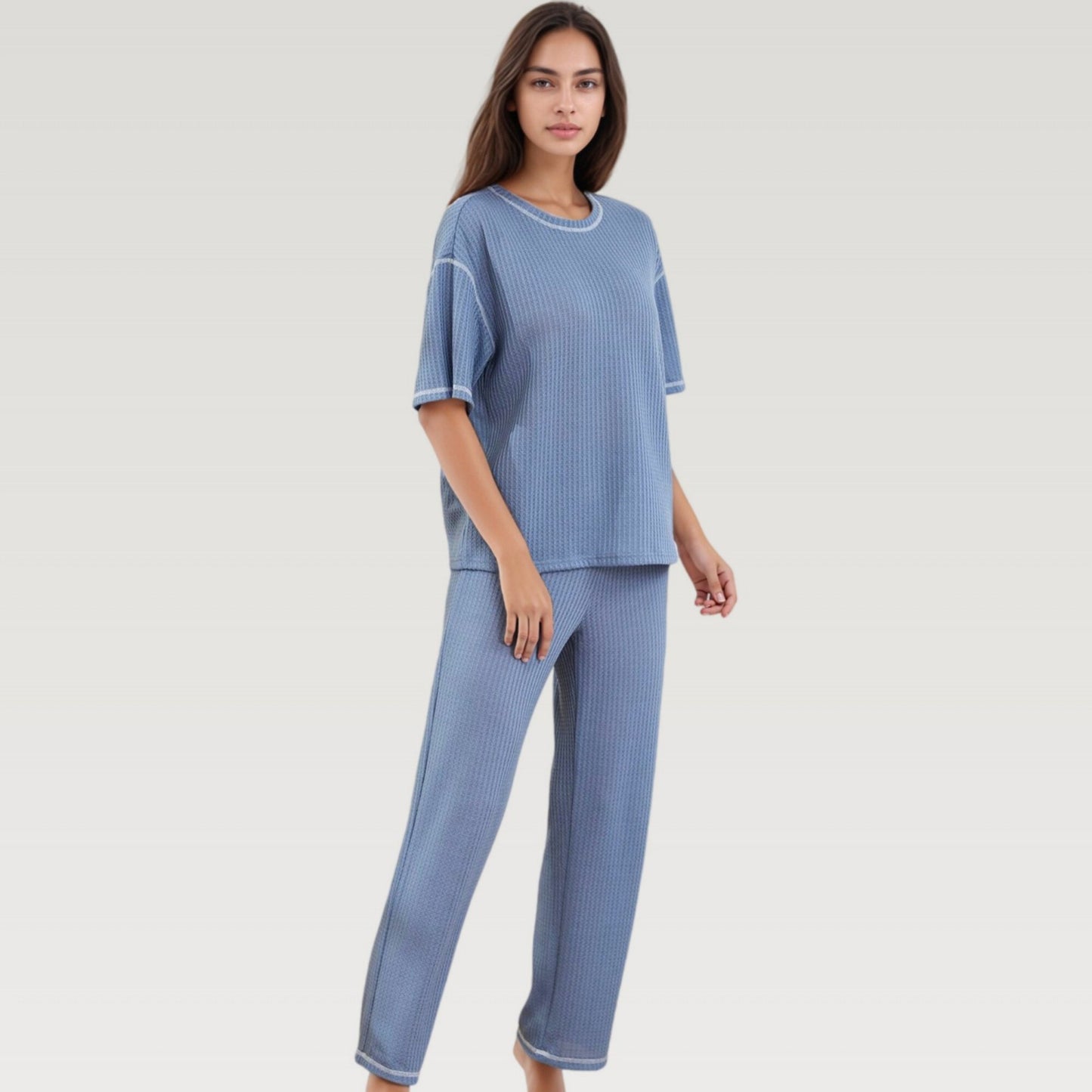 Anna-Kaci Lounge Women's Waffle Knit Pajama Set with Short Sleeve Top and Relaxed Fit Wide Leg Pants