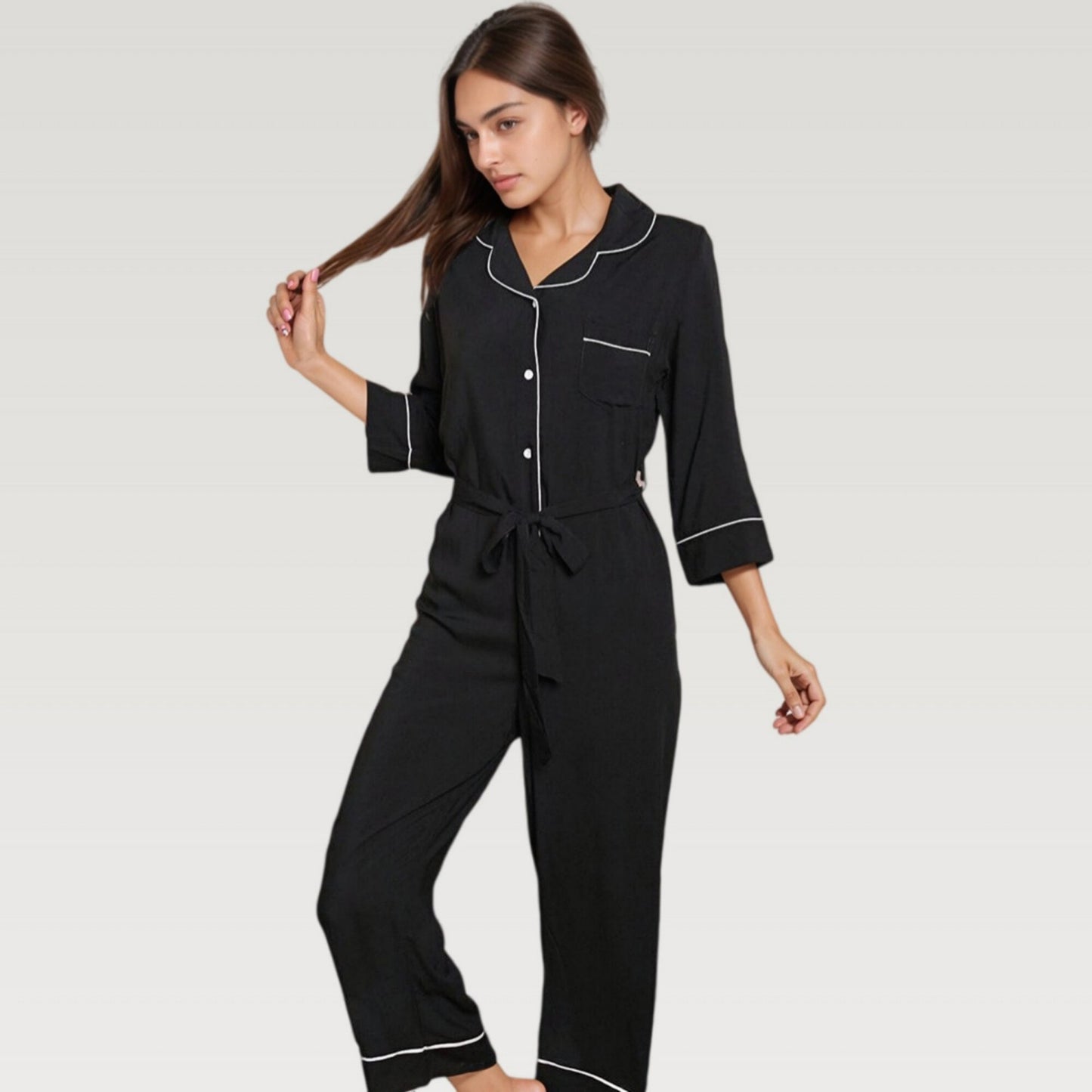 Anna-Kaci Lounge Women's Button Front Pajama Jumpsuit with Contrast Trim and Waist Tie Detail