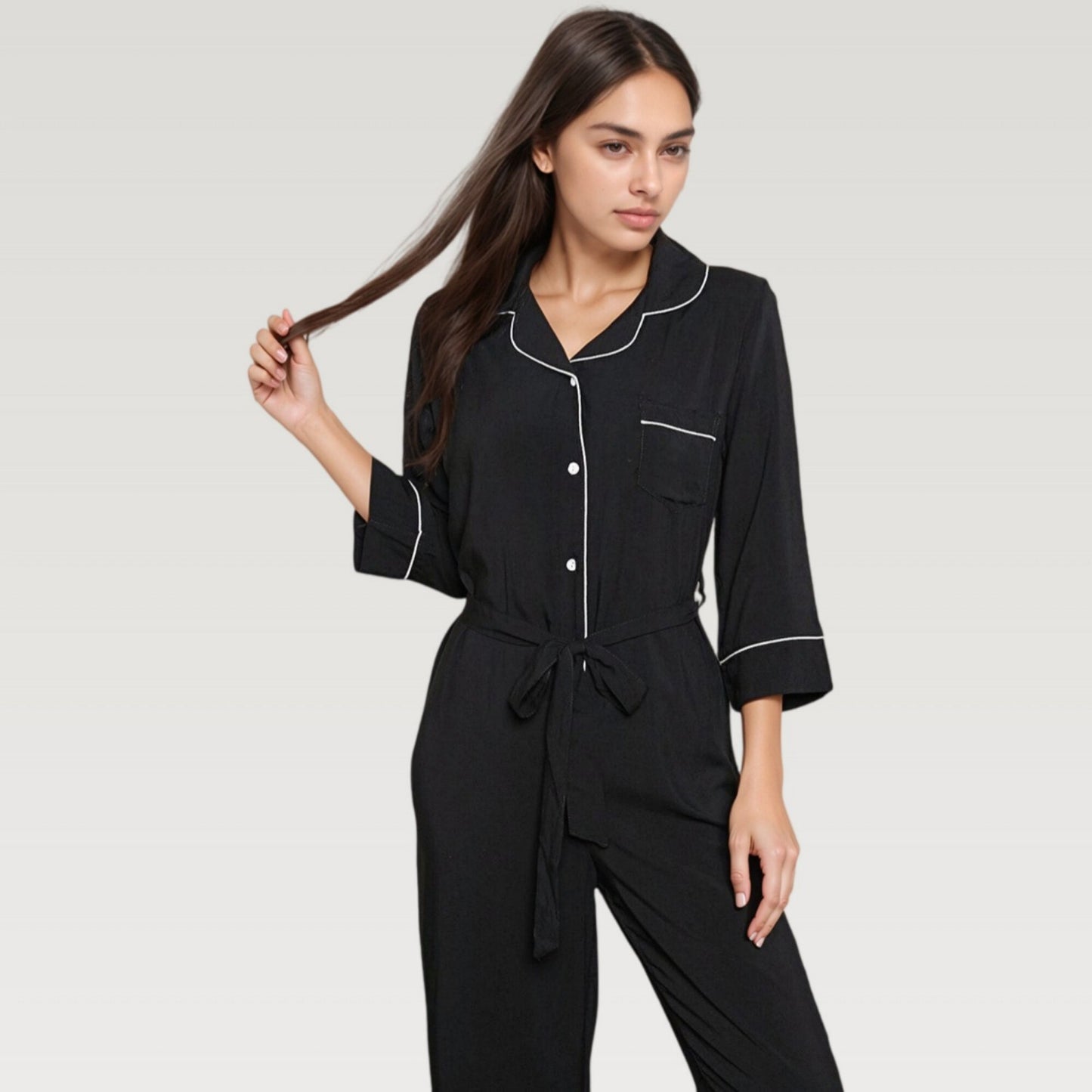 Anna-Kaci Lounge Women's Button Front Pajama Jumpsuit with Contrast Trim and Waist Tie Detail