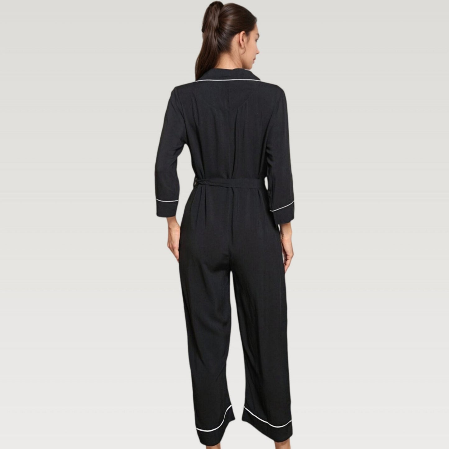 Anna-Kaci Lounge Women's Button Front Pajama Jumpsuit with Contrast Trim and Waist Tie Detail