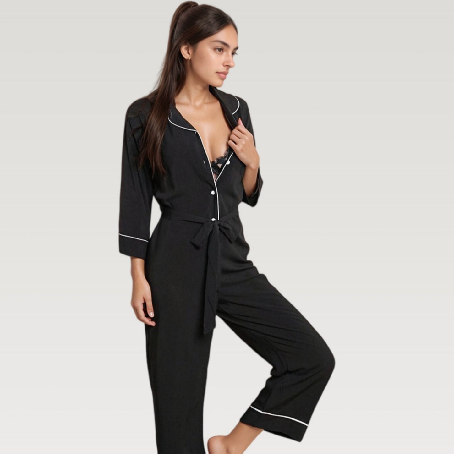 Anna-Kaci Lounge Women's Button Front Pajama Jumpsuit with Contrast Trim and Waist Tie Detail