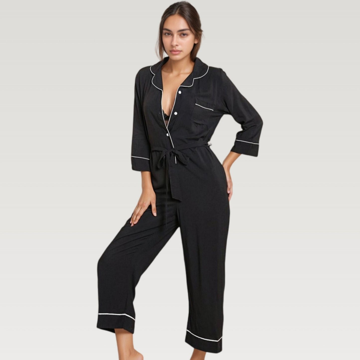 Anna-Kaci Lounge Women's Button Front Pajama Jumpsuit with Contrast Trim and Waist Tie Detail