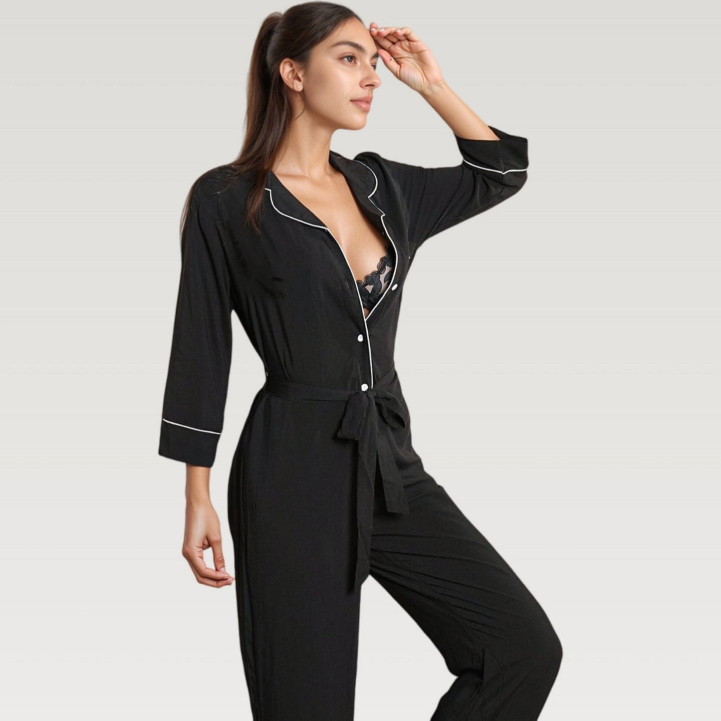 Anna-Kaci Lounge Women's Button Front Pajama Jumpsuit with Contrast Trim and Waist Tie Detail