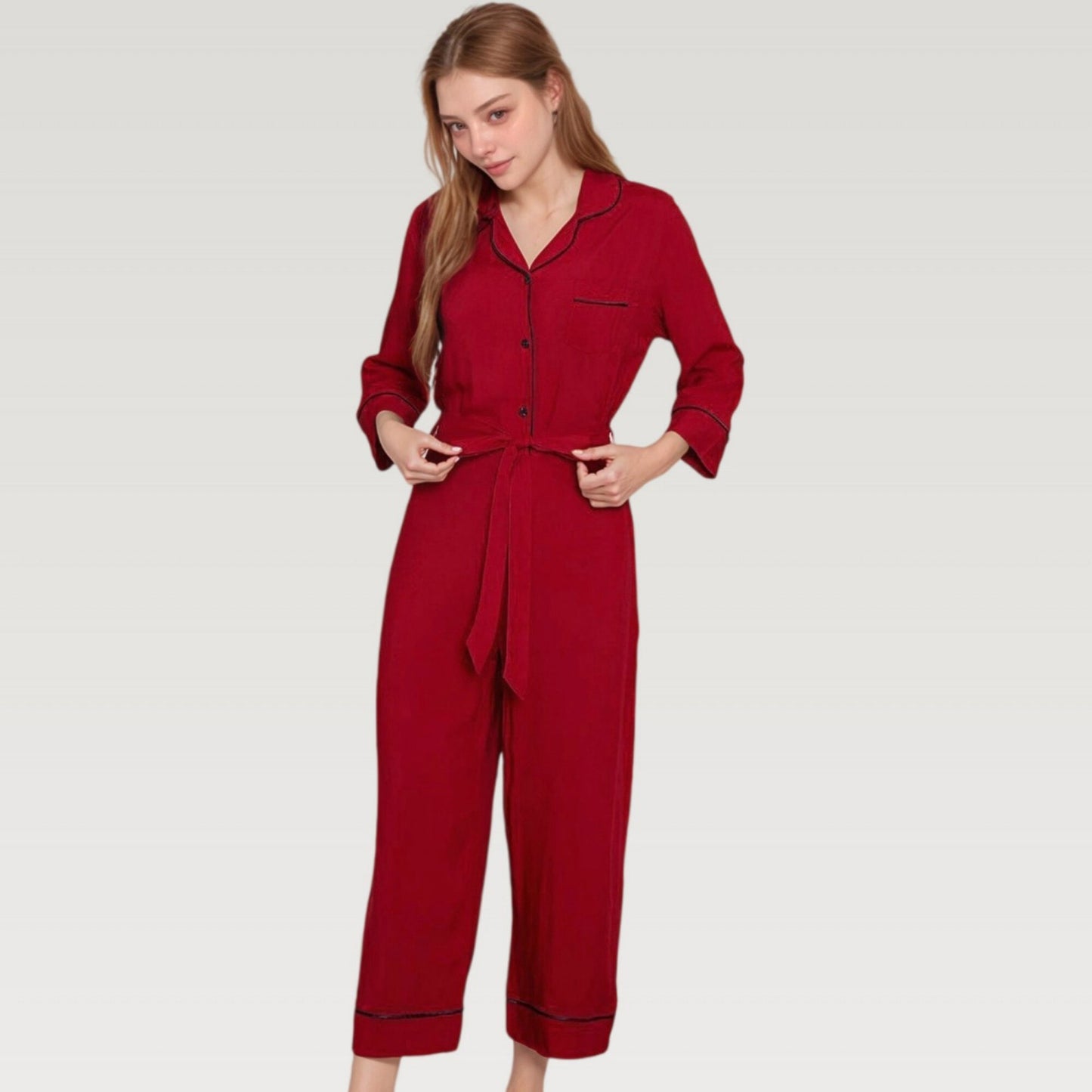 Anna-Kaci Lounge Women's Button Front Pajama Jumpsuit with Contrast Trim and Waist Tie Detail