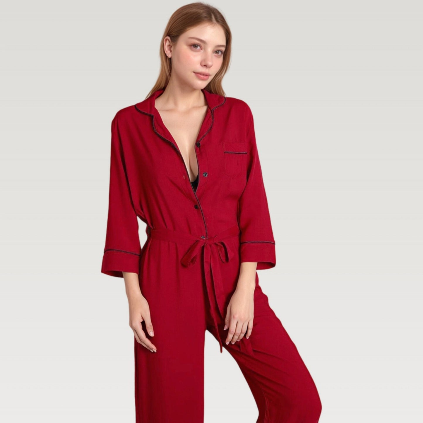 Anna-Kaci Lounge Women's Button Front Pajama Jumpsuit with Contrast Trim and Waist Tie Detail