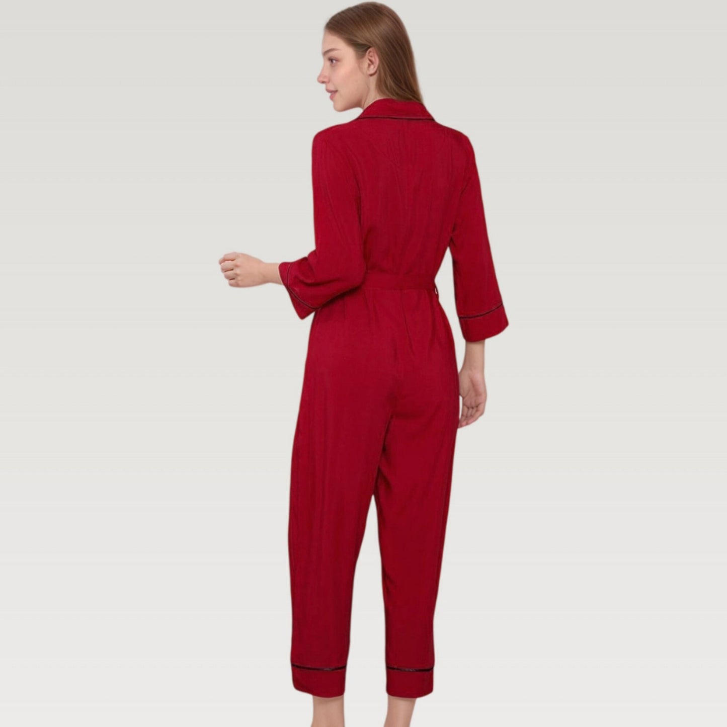 Anna-Kaci Lounge Women's Button Front Pajama Jumpsuit with Contrast Trim and Waist Tie Detail