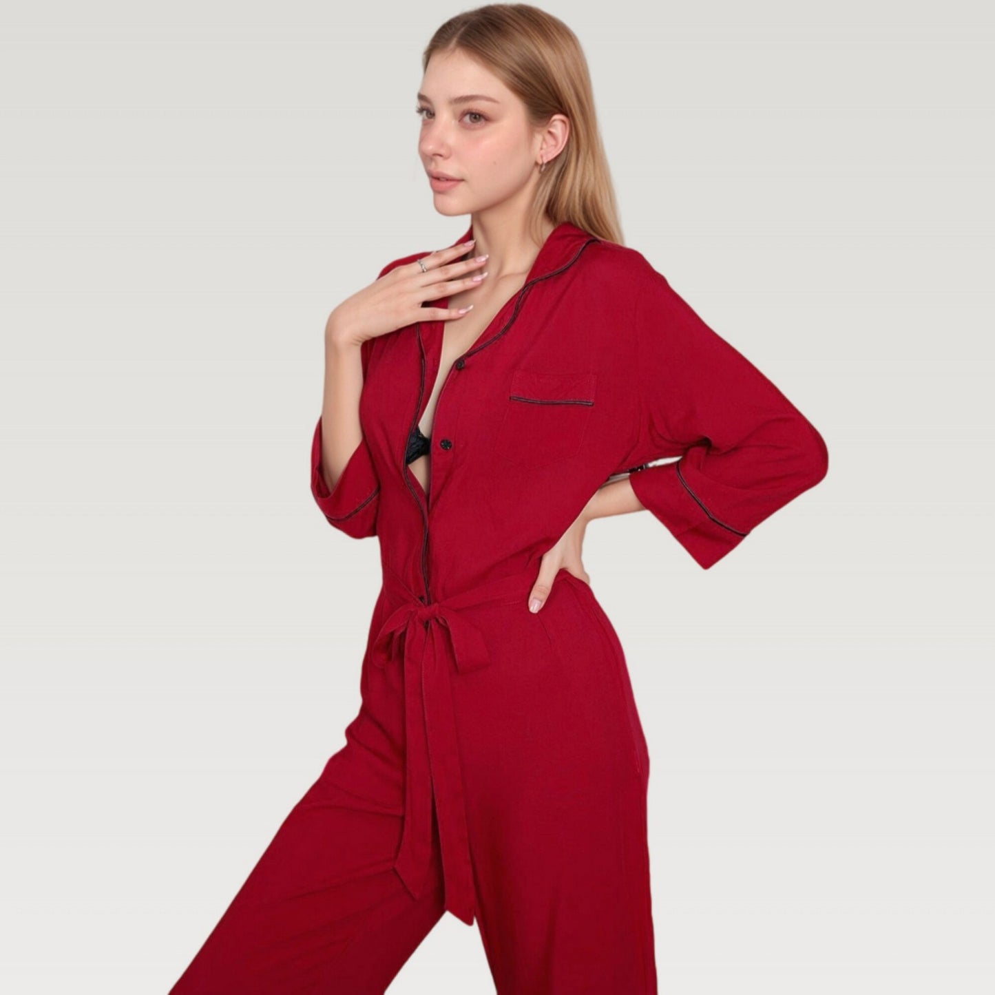 Anna-Kaci Lounge Women's Button Front Pajama Jumpsuit with Contrast Trim and Waist Tie Detail