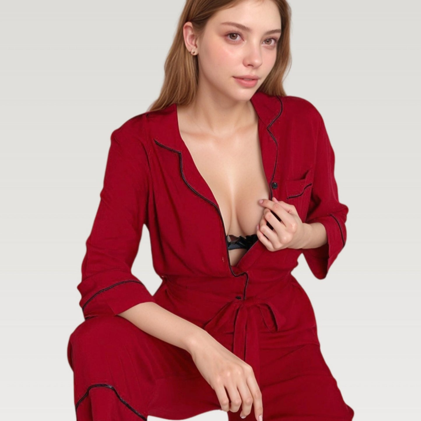 Anna-Kaci Lounge Women's Button Front Pajama Jumpsuit with Contrast Trim and Waist Tie Detail