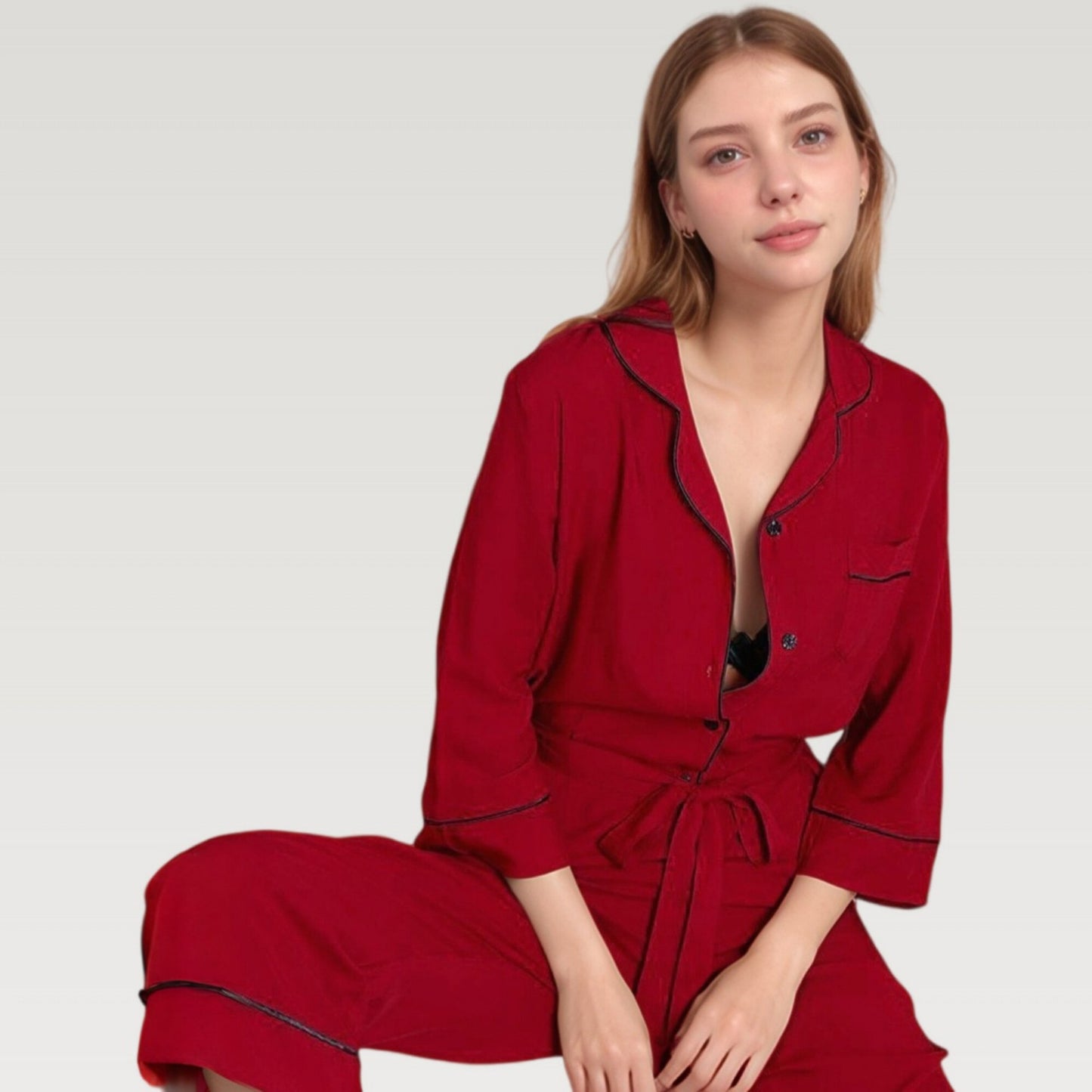Anna-Kaci Lounge Women's Button Front Pajama Jumpsuit with Contrast Trim and Waist Tie Detail