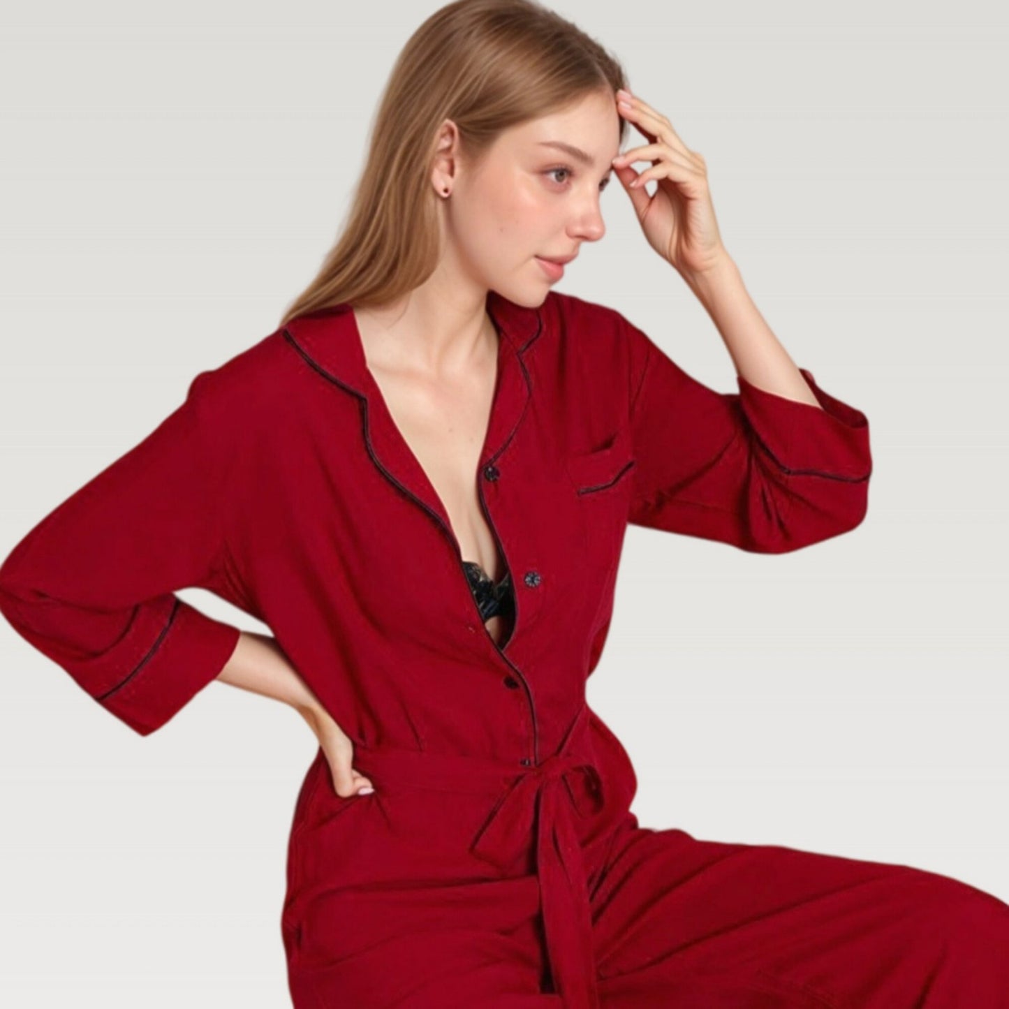 Anna-Kaci Lounge Women's Button Front Pajama Jumpsuit with Contrast Trim and Waist Tie Detail